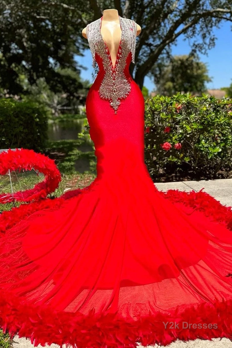 Deep V-neck Mermaid Ruby Feather Silver Beaded Prom Dresses