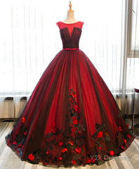 Burgundy Round Neck Tulle Lace Applique Long Prom Dress, Burgundy Evening Dress