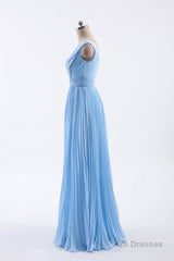 Blue Pleated A-line Chiffon Long Bridesmaid Dress