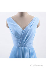 Blue Pleated A-line Chiffon Long Bridesmaid Dress