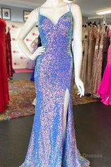 Purple Iridescent Sequin Empire Waist Lace-Up Mermaid Long Dress with Slit