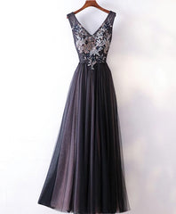 Black V Neck Lace Applique Tulle Long Prom Dress, Black Evening Dress