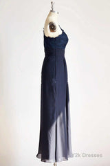 One-Shoulder Navy Blue Lace Long Bridesmaid Dress