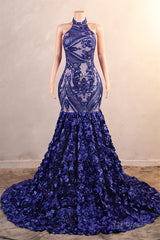 Halter Mermaid Sweep Train Backless Sleeveless Beading Evening Dress