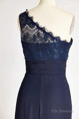 One-Shoulder Navy Blue Lace Long Bridesmaid Dress