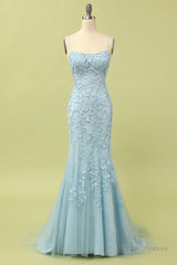 Mermaid Blue Long Prom Dress Backless Evening Dress