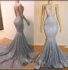 2025 High Neck Silver Backless Sexy Mermaid Prom Dresses