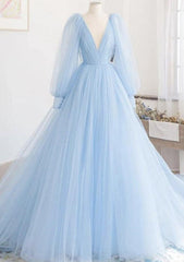 A-line Princess V Neck Full/Long Sleeve Court Train Tulle Prom Dress- Prom Dresses