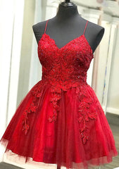 A-line V Neck Sleeveless Lace Tulle Short/Mini Homecoming Dress With Beading