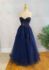 A-line Sweetheart Strapless Long/Floor-Length Tulle Prom Dress With Appliqued Sequins Glitter