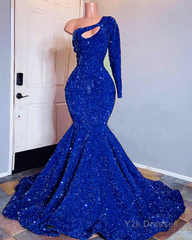 Blue sequin mermaid prom dresses, shimmery African women party dresses