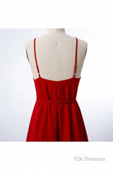 Red Chiffon Spaghetti Straps Backless A-Line Bridesmaid Dress with Slit