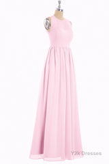 Pink Chiffon Halter Cutout Back A-Line Long Bridesmaid Dress