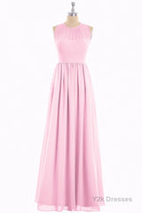 Pink Chiffon Halter Cutout Back A-Line Long Bridesmaid Dress