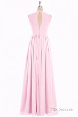 Pink Chiffon Halter Cutout Back A-Line Long Bridesmaid Dress