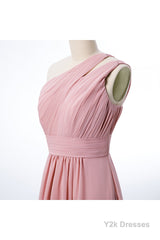 One Shoulder Blush Pink Chiffon A-line Bridesmaid Dress