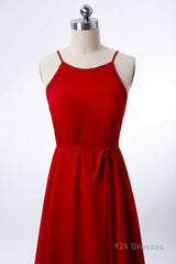 Red Chiffon Spaghetti Straps Backless A-Line Bridesmaid Dress with Slit