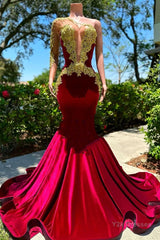 Long sleeves One shoulder Gold Appliques Burgundy Prom Dresses