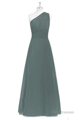 Dark Sage Green Chiffon One-Shoulder Long Bridesmaid Dress