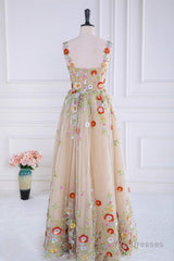 Dusty Pink Sequined Floral Appliques A-line Long Prom Dress