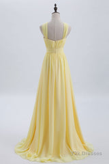 Cross Front Yellow Pleated Chiffon Long Bridesmaid Dress