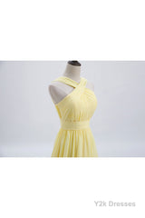 Cross Front Yellow Pleated Chiffon Long Bridesmaid Dress