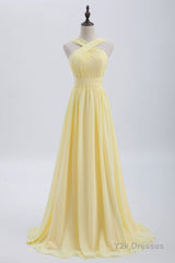 Cross Front Yellow Pleated Chiffon Long Bridesmaid Dress