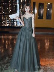 A-Line Prom Dresses Open Back Dress Formal Wedding Party Floor Length Sleeveless Spaghetti Strap Tulle with Pleats