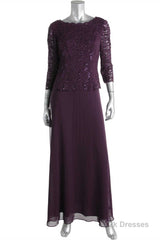 Two-Piece Plum Purple Long Sleeve Long Mother of the Bride Dress