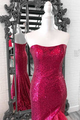 Fuchsia Sequin Feather Strapless Mermaid Long Prom Dress with Slit