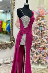 Asymmetrical Magenta Beaded Long Formal Dress with Attached Train