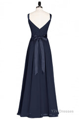 Navy Blue V-Neck Tie-Back A-Line Long Bridesmaid Dress