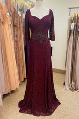 Burgundy Lace Beaded Half Sleeves Long Mother of Bride Dress