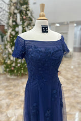 Dark Blue Off-Shoulder Floral A-line Long Mother of Brides Dress