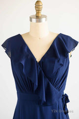 Navy Blue Ruffled Tie-Side Long Bridesmaid Dress