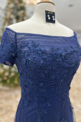 Dark Blue Off-Shoulder Floral A-line Long Mother of Brides Dress