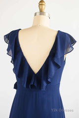 Navy Blue Ruffled Tie-Side Long Bridesmaid Dress