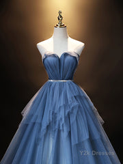 Blue Sweetheart Neck Tulle Long Prom Dress, Blue Evening Dress