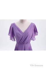 Flutter Sleeves Lavender Chiffon A-line Long Bridesmaid Dress