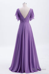 Flutter Sleeves Lavender Chiffon A-line Long Bridesmaid Dress