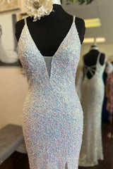 White Iridescent Sequin Plunge V Long Prom Dress with Slit