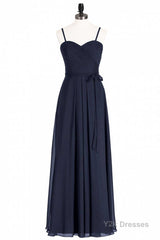 Black Chiffon Sweetheart Spaghetti Straps A-Line Long Bridesmaid Dress