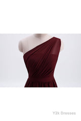 One Shoulder Burgundy A-line Chiffon Long Bridesmaid Dress