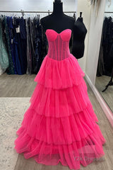 Hot Pink Strapless Layers Tulle A-line Long Prom Dress