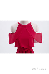 Red Chiffon Cold Sleeves Short Ruffles Bridesmaid Dress