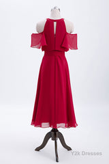 Red Chiffon Cold Sleeves Short Ruffles Bridesmaid Dress