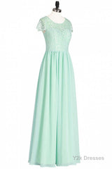 Sage Green Lace and Chiffon Cap Sleeve A-Line Long Bridesmaid Dress