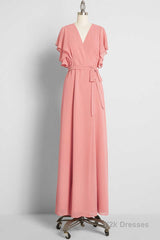 Peach Wrap Ruffled Long Bridesmaid Dress