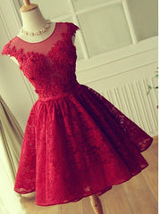 A-Line Jewel Cap Sleeves Red Lace Short Homecoming Dress 2025 with Beading