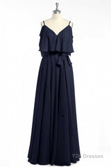 Black Chiffon V-Neck Ruffled A-Line Long Bridesmaid Dress